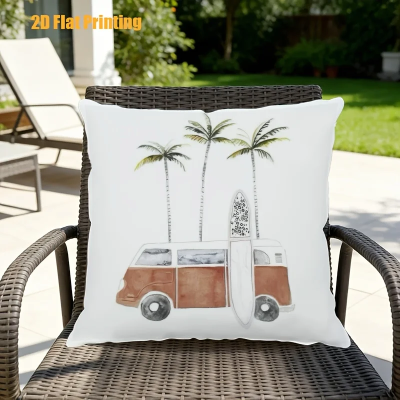 1PC Square Pillow Cover, Truck with Surfboard & Palm Trees Pattern, Universal for Indoor & Outdoor Garden Decor (No Insert)