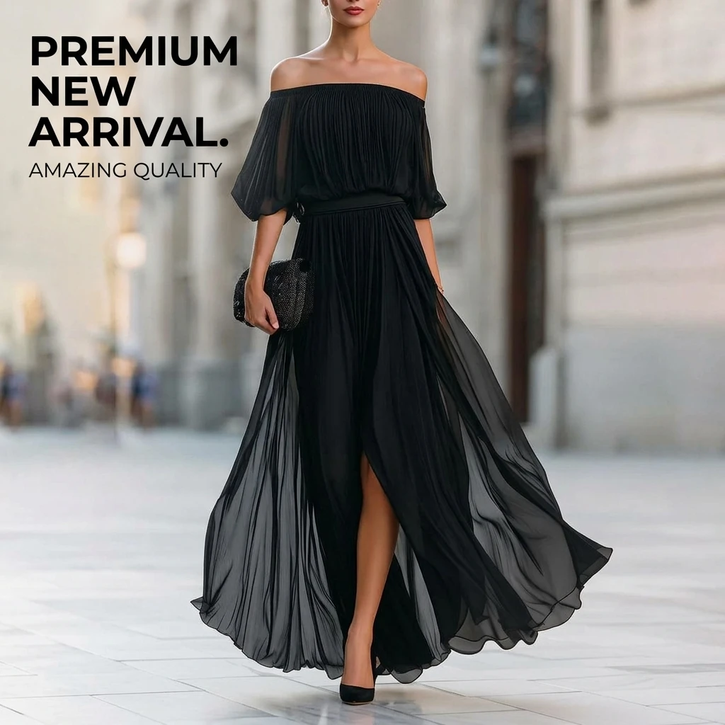 Maxi Dress for Women Off Shoulder Pleated Elegant Solid Color Summer Sexy Long Evening Gown