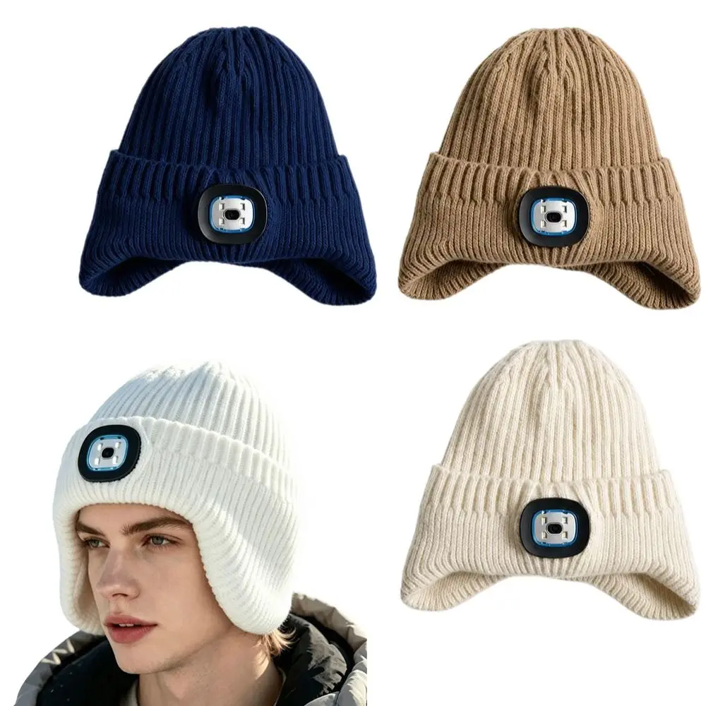 Rechargeable LED Light Beanie White LED Light Three Brightness Levels Lighted Beanie Hat Knitted Warm and Elastic