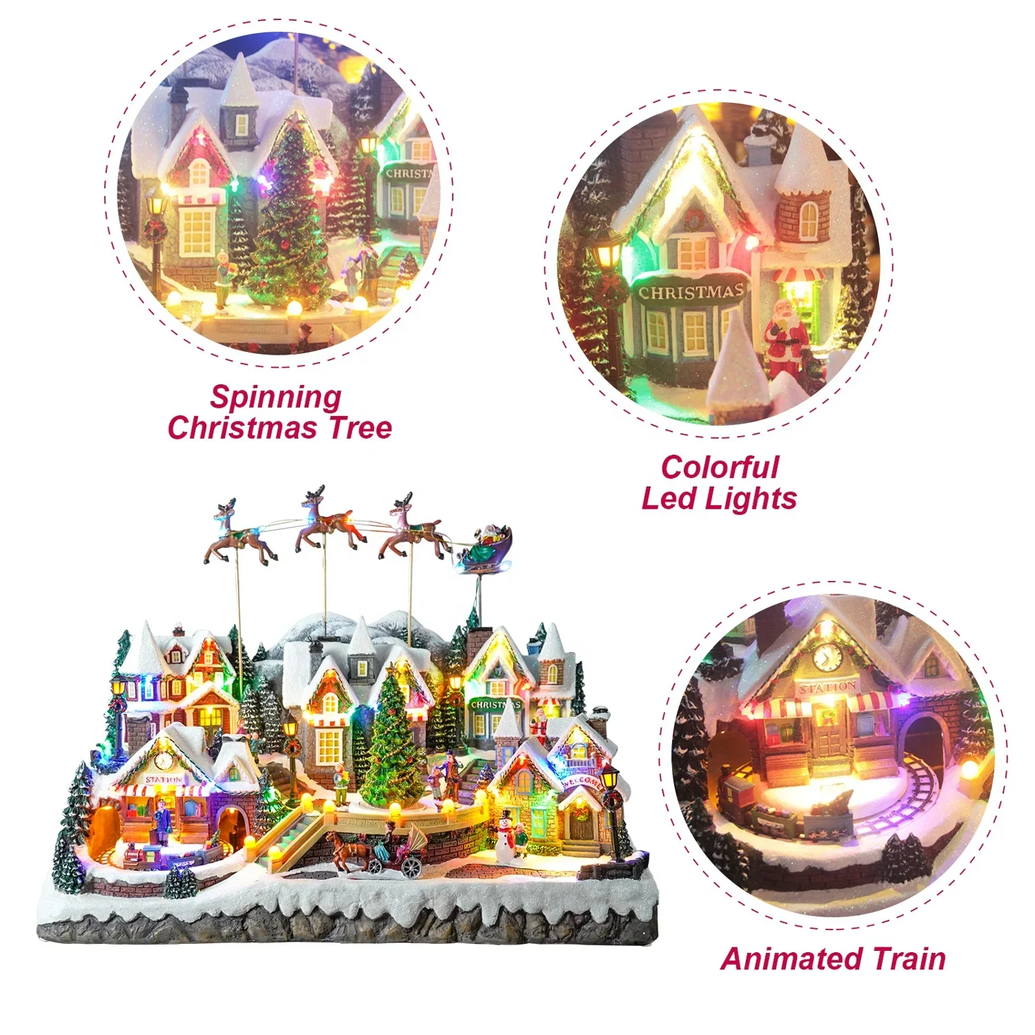 Large Size Musical Polyresin Christmas LED House flying Santa sleigh scene Christmas Village with rotating Xmas tree