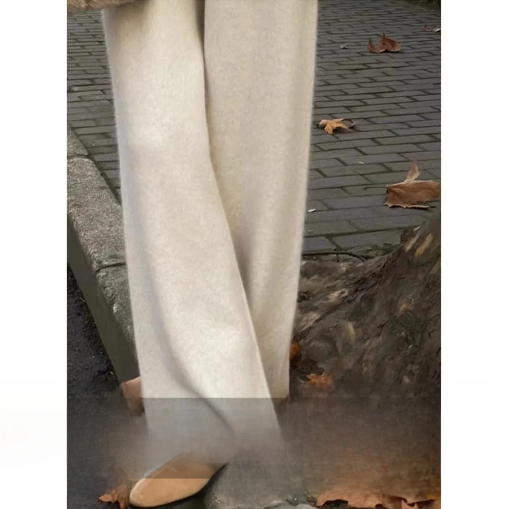 

Осенне-зимние утепленные шерстяные брюки с широкими штанинами для женщин, драпированные вязаные прямые длинные брюки, верхняя одежда, маленький размер