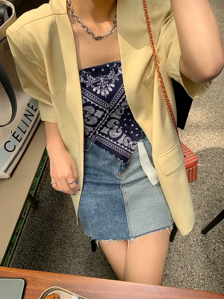 

Джинсовая юбка с высокой талией, женская летняя новинка 2024, летняя юбка с запахом, лоскутная юбка для маленьких фигурок