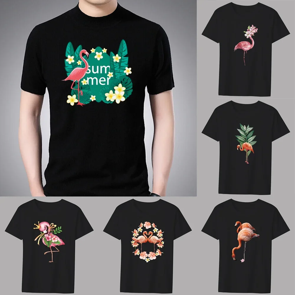 Men's Classic T-shirt Casual O-neck Flamingo Printing Pattern Series Commuter All-match Breathable Black Shirt