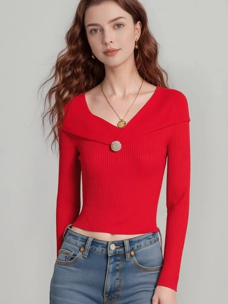 2025 Fashion Women Long Sleeve V-neck Sweater Fall Casual Solod Color Slim Fit Pullover Elegant Knitted Primershirt for Women