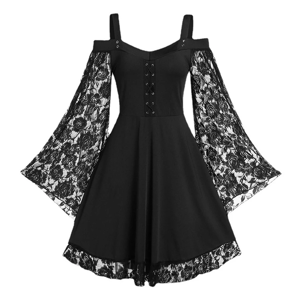 Halloween Lace Up Women's Dress Plus Size Gothic Lace Patches Sheer Flare Sleeve Dresses Spaghetti Strap Off Shoulder Vestidos