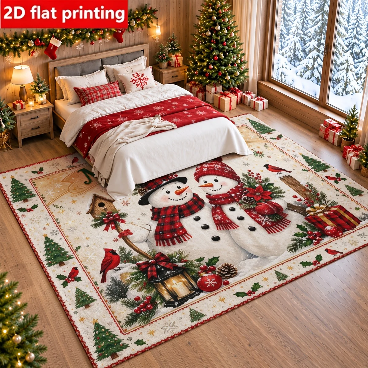 1pc 2D Flat Merry Christmas Double Snowman Red Bird Gift Box Poinsettia Printed Floor Mat, Decorative Rug for Living Room