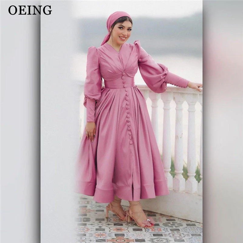 

OEING Rose Pink Arabic Muslim Evening Dresses Simple High Neck Long Sleeves Ankle Length Prom Dress Elegant Wedding Party Gowns