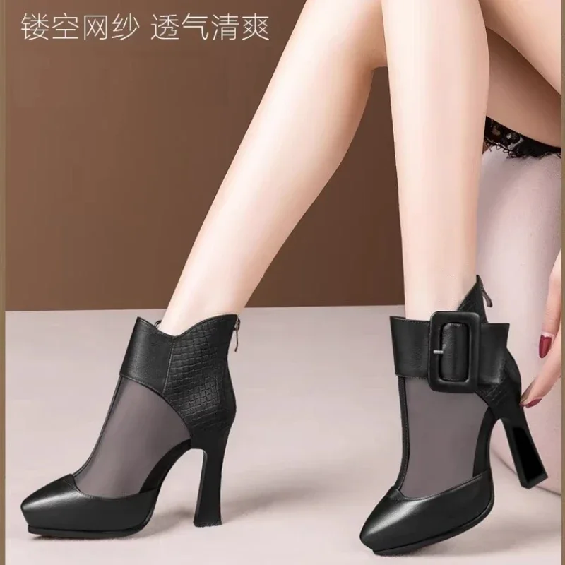 High Appearance Level Thick Sole Thick Heel Pointed Mesh Fabric Fashion All Comfortable Non-slip Breathable Women's Ankle Boots