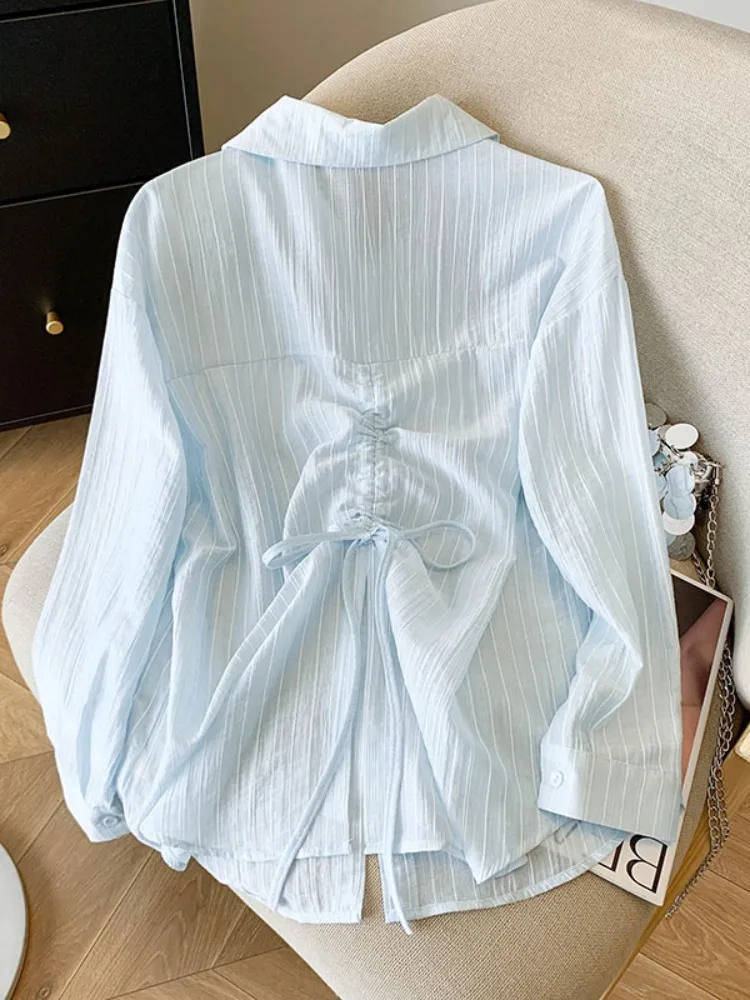 

Light Blue Striped Women's Shirt Summer Outerwear Lazy Style Linen Sun Protection Thin Outer Upper Apparel