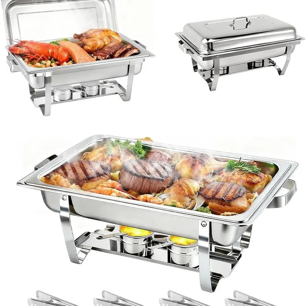 

4-Pack Silver 9 Qt Buffet Chafing Dishes with Rolled Edges for Party, Wedding, and Camping Warmers