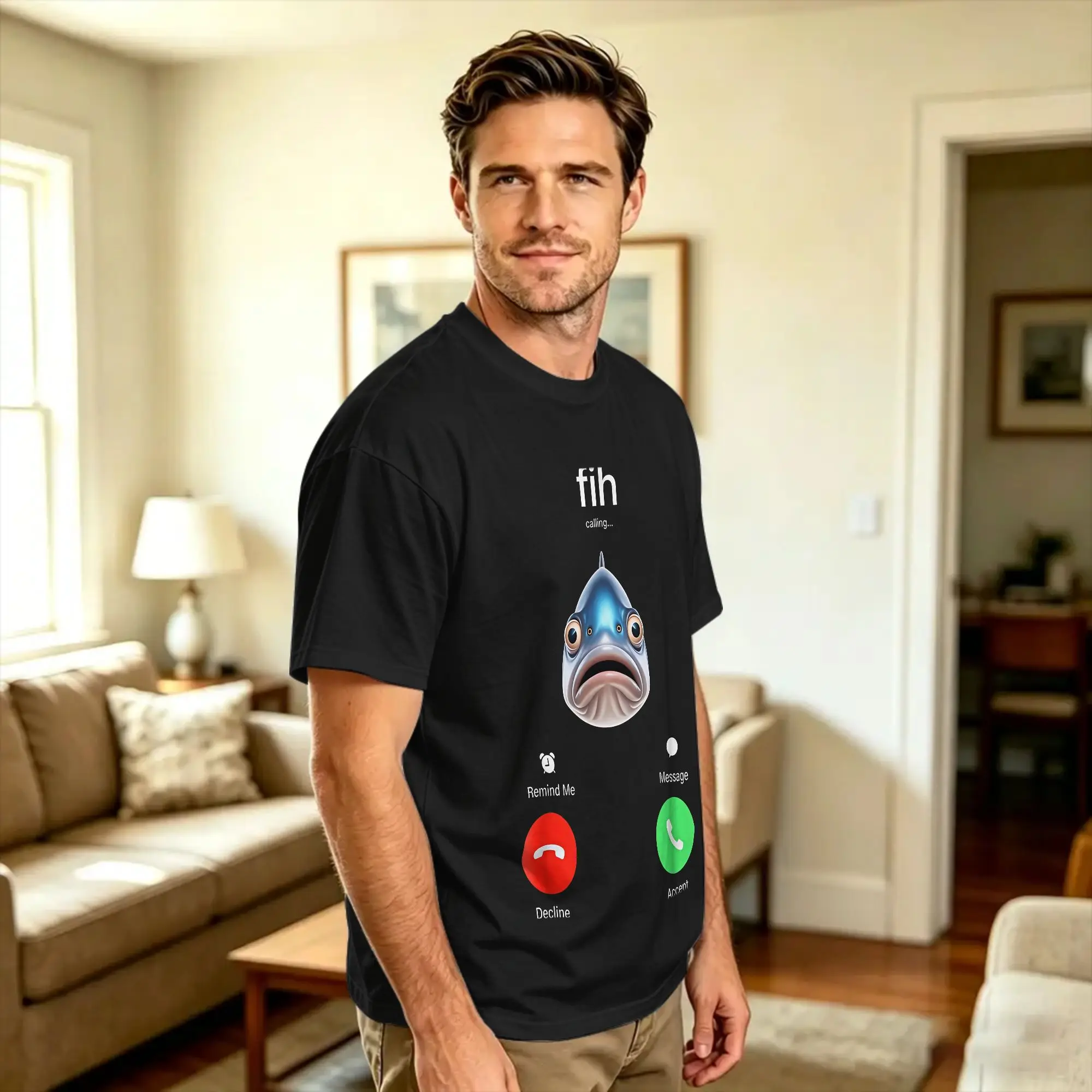 Streetwear T Shirt fih Calling Remind me Message Decline Accept Phone Call Fish Pure Cotton T Shirts  Fashion Tshirt
