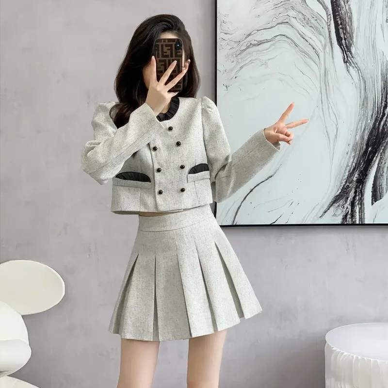 Insozkdg Autumn New Elegant Petite Fragrance Skirt Suits Ladylike Design Sense Suit Jacket + Pleated Skirt Two-piece Set Women