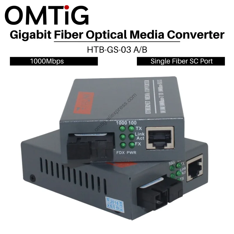 Single Mode Single Fiber SC Port 20KM 1 Pair HTB-GS-03 A/B Gigabit Fiber Optical Media Converter 1000Mbps  External Power Supply