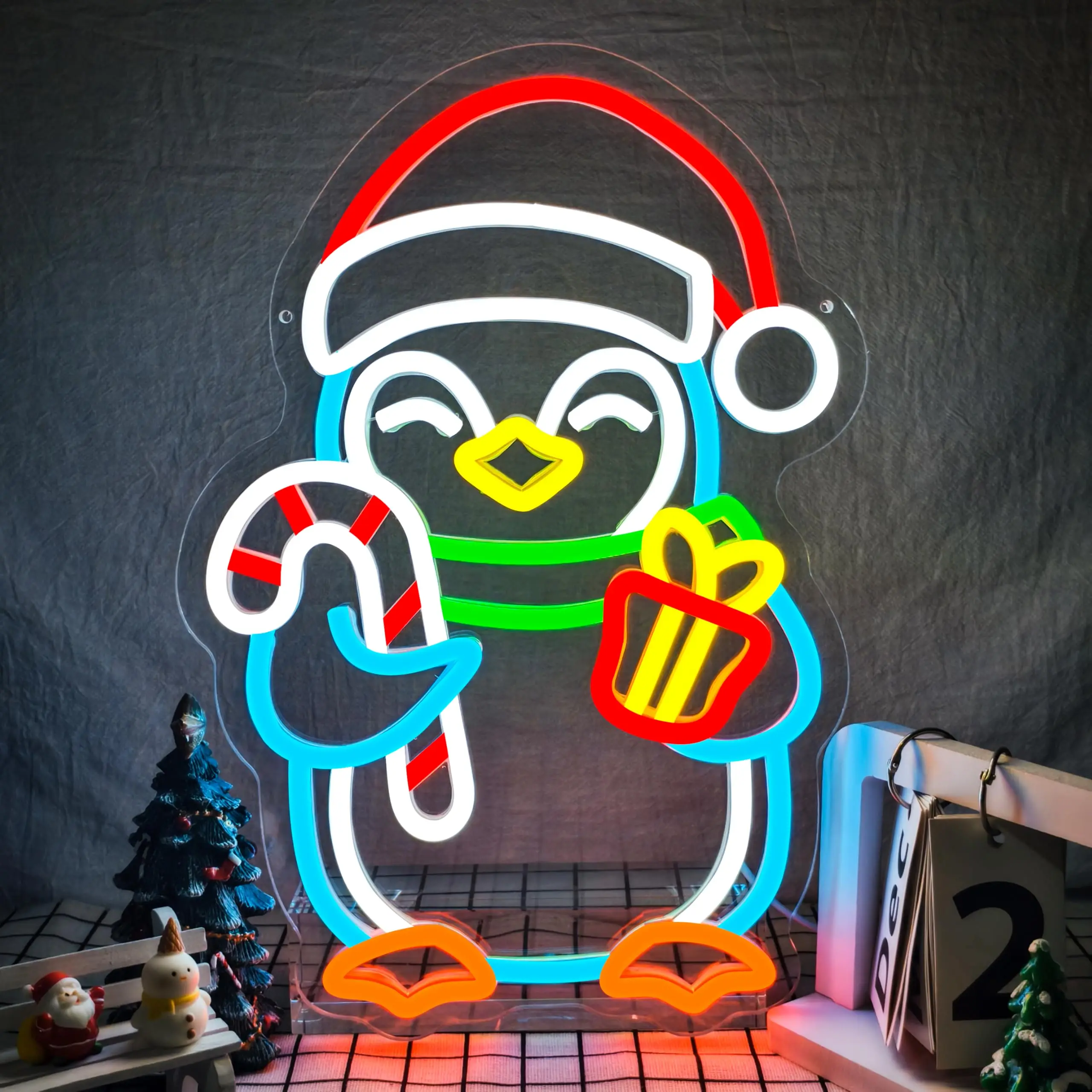 

Рождественский пингвин, неоновая вывеска с конфетной тростью, подарочная коробка, регулируемый переключатель, светодиодная подсветка для декора стен, детская комната, декор для рождественской вечеринки