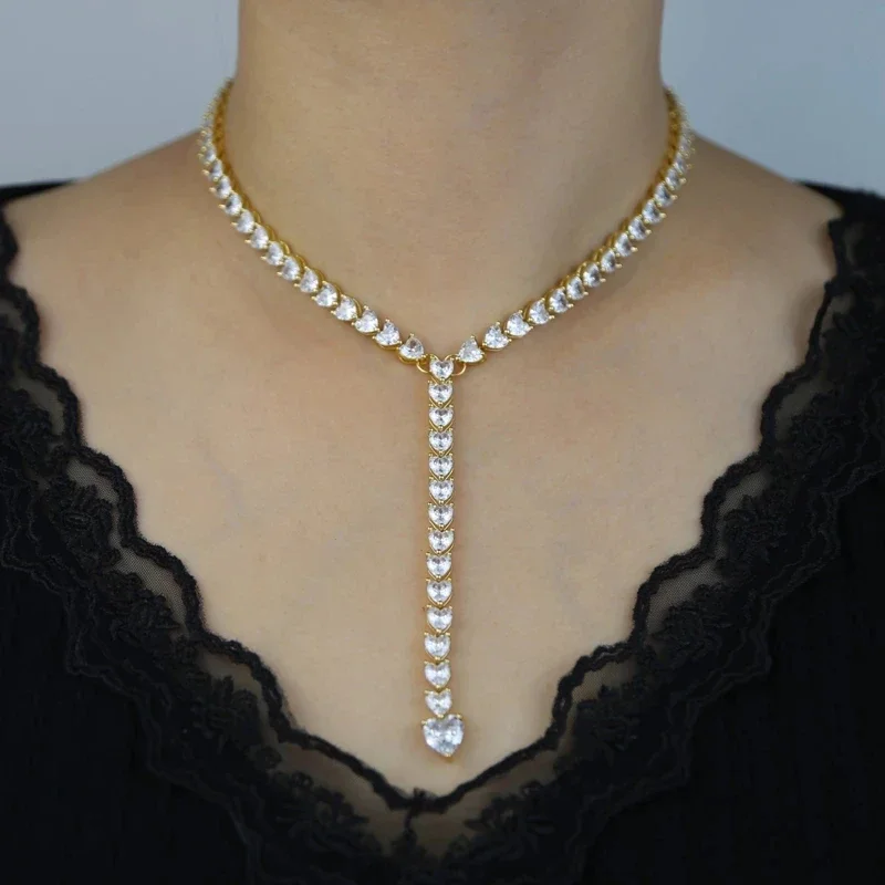 

Новое поступление 2023 года, модное колье Iced Out Bling 5A в форме сердца с фианитом, теннисная цепочка, колье Y-лариат, ожерелья для подруги, женские ювелирные изделия