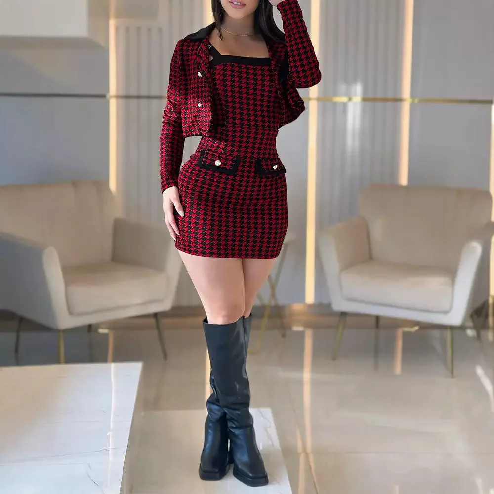 Dress Sets Women Two Piece Set Plaid Sleeveless Sexy Hip Wrap Sling Mid Length Dresses Short Coats Full Sleeve Elegant Splice