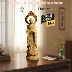 Natural Cypress Ksitigarbha Bodhisattva Statue - Buddhist Figure for Home Room Office Feng Shui Decorative Ornament
