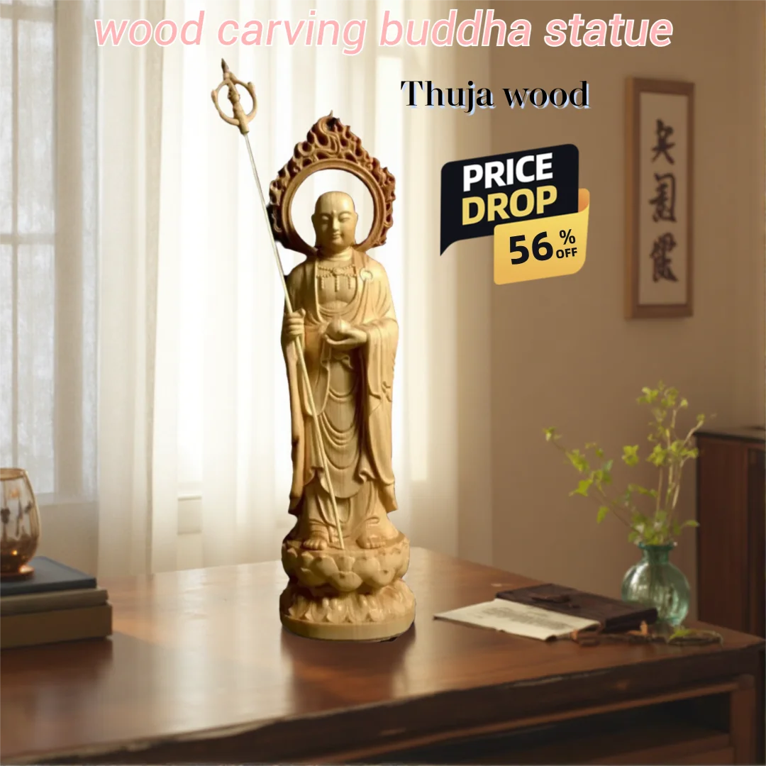 Natural Cypress Ksitigarbha Bodhisattva Statue - Buddhist Figure for Home Room Office Feng Shui Decorative Ornament