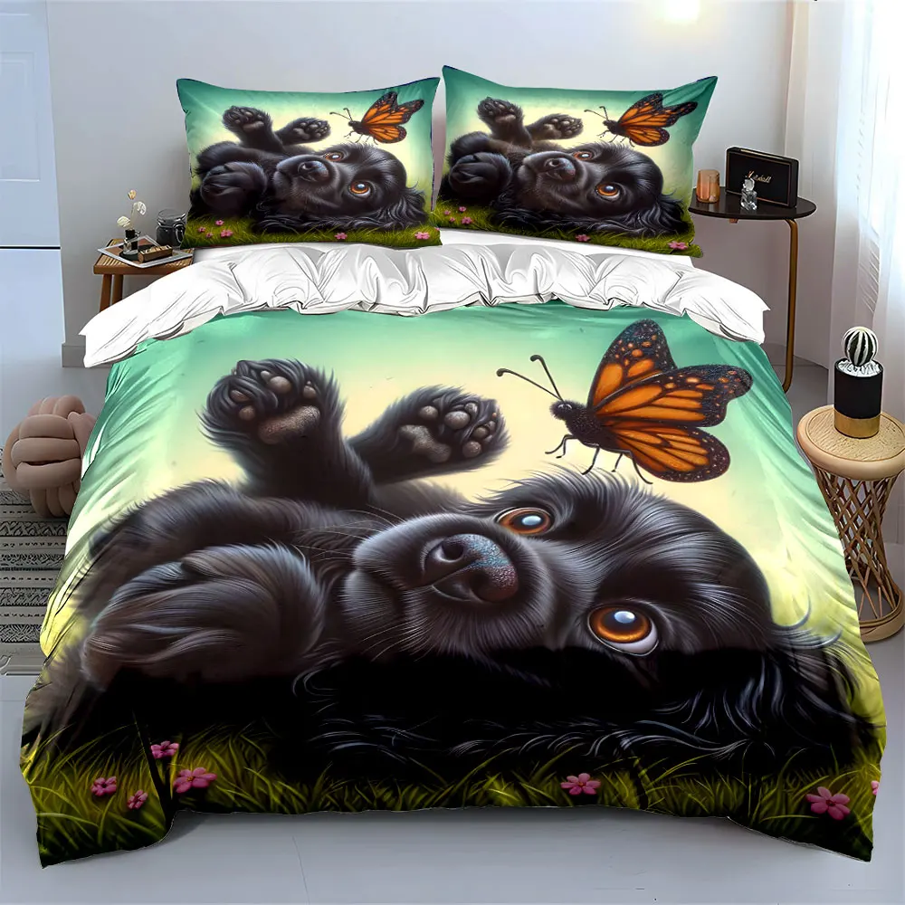 A small black dog plays with butterflies Pattern Duvet Cover Set Digital Print Colorful Polyester Bedding with Zipper Closur