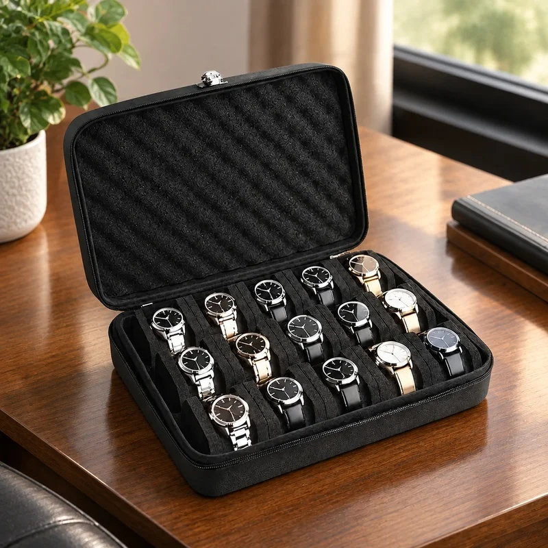 Travel-Friendly Watch Storage Case with 15 Compartments and Durable Pressure-Resistant Build