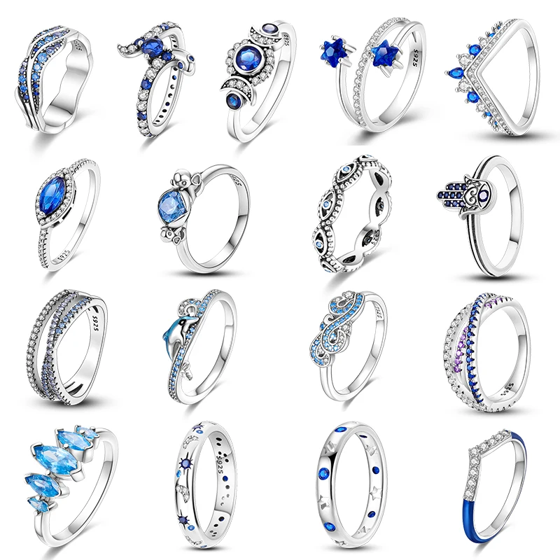 Shining Blue Zircon Ring Original 925 Silver Stackable V Shape Moon Star Hand of Fatima Rings For Women Wedding Jewelry Anillo