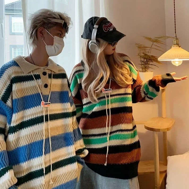 

Unisex Lazy Style Sweater Men's Casual Lapel Pullover Sweater Autumn Winter Trend Ins Couple Knitted Color Splicing Polo Jumpers