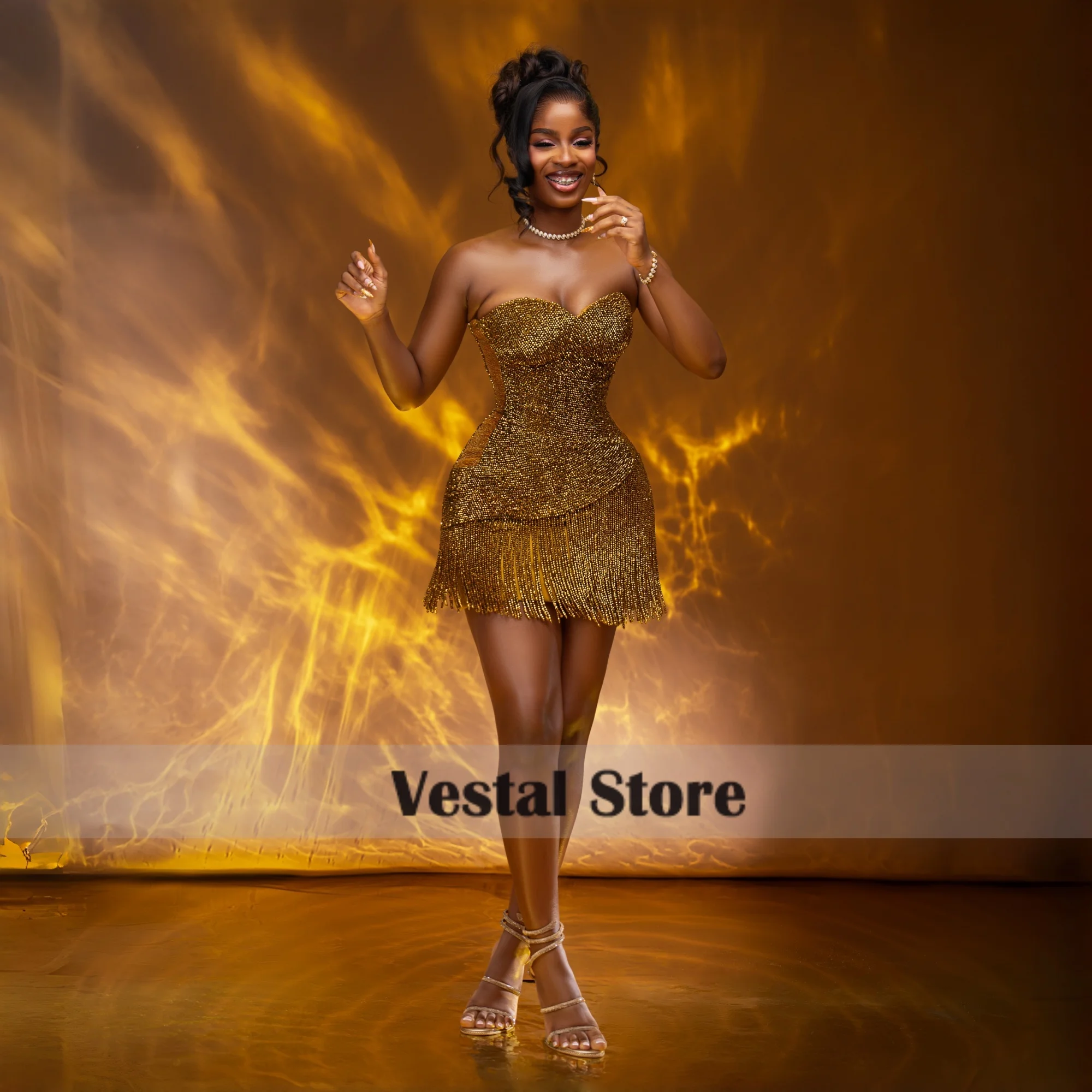 Vestal Gold Strapless Birthday Dress Sweetheart Homecoming Dress Beaded Sequins Fringe Short Party Gown Cocktail Dress Customize
