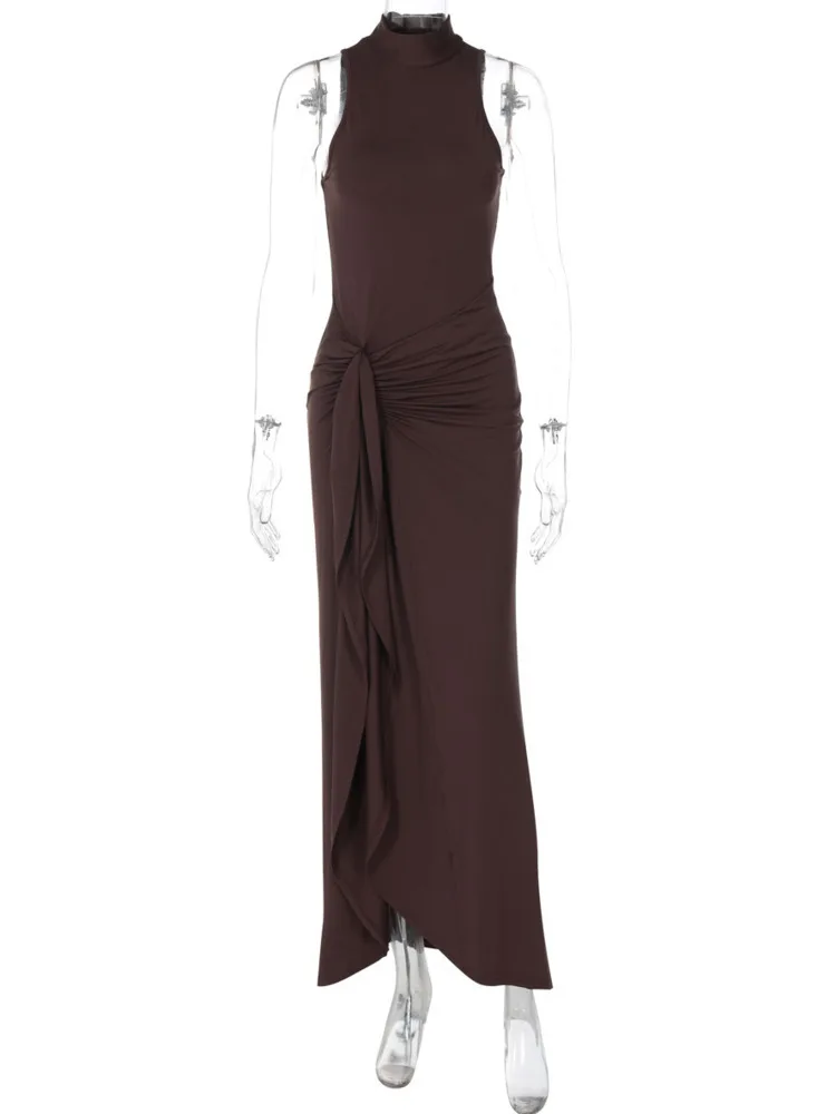 2025 New Elegant Draped Ruched Sexy Maxi Dress For Women Fashion O Neck Sleeveless Thigh High Split Club Party Long Dress Female