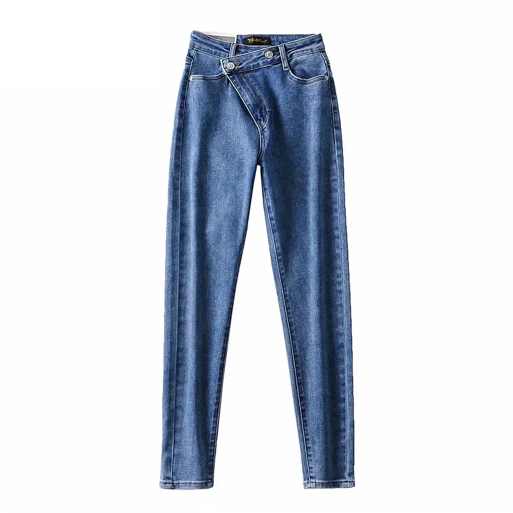 

2024 Spring Autumn Ladies High Waist Skinny Jeans Pencil Pants for Women Irregular Denim Pants Trousers with Zipper Blue