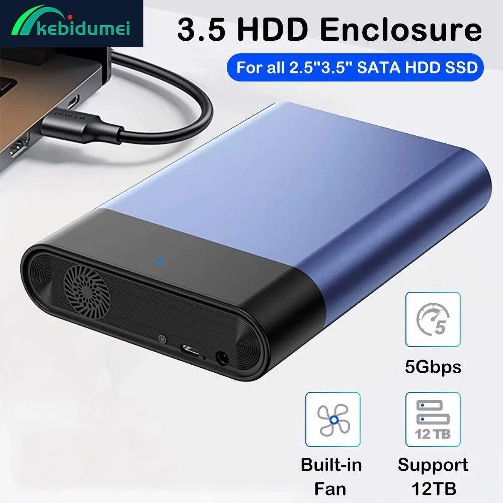 

Корпус для жесткого диска 2,5 дюйма, 3,5 дюйма, USB3.1, SATA SSD, корпус для внешнего жесткого диска, встроенный вентилятор, расширение 5 Гбит/с, 12 ТБ, коробки для жестких дисков из алюминиевого сплава