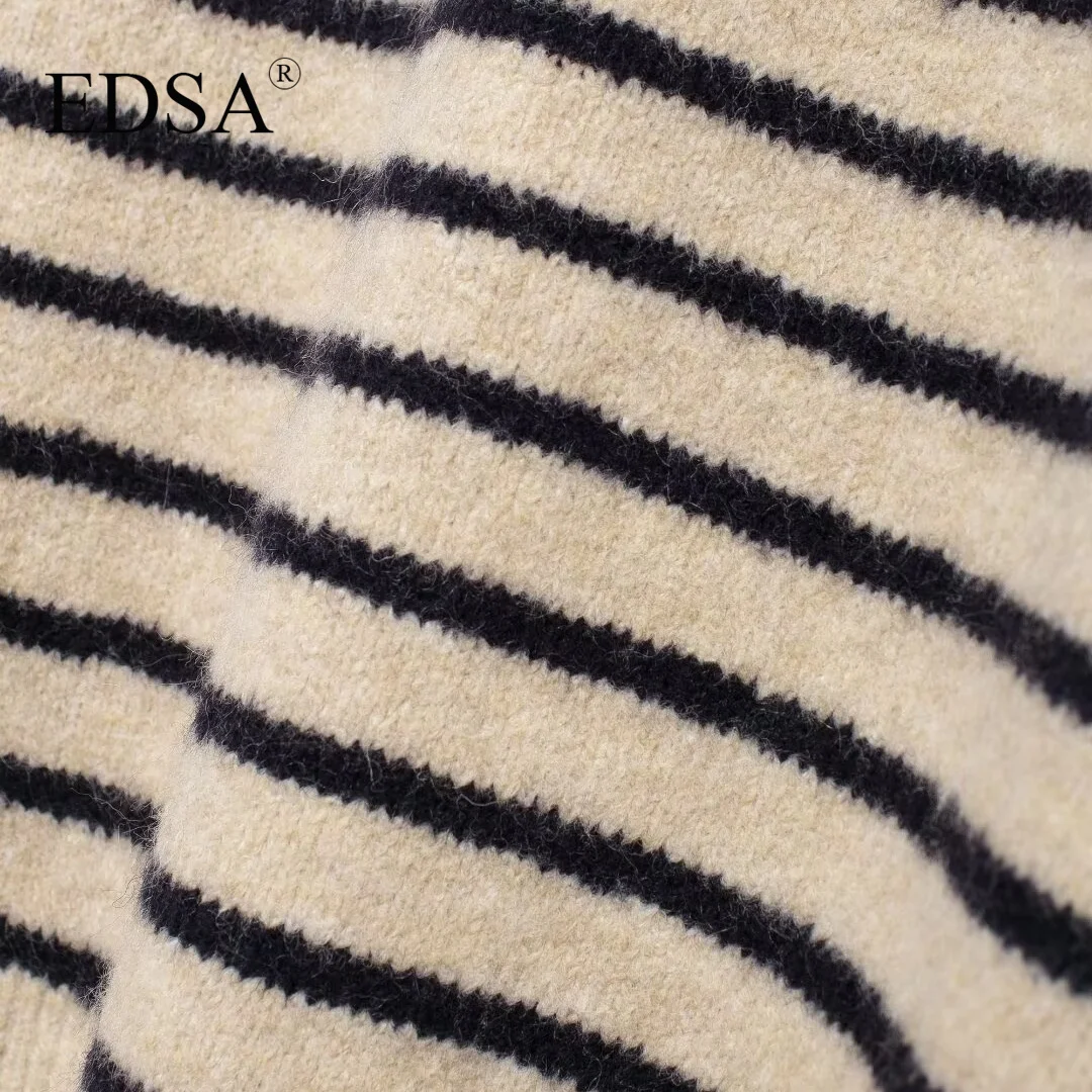 EDSA Women Striped Knit Cardigan O-neck Long Sleeves Ribbed Trims with Golden Button Casual Sweater Coat