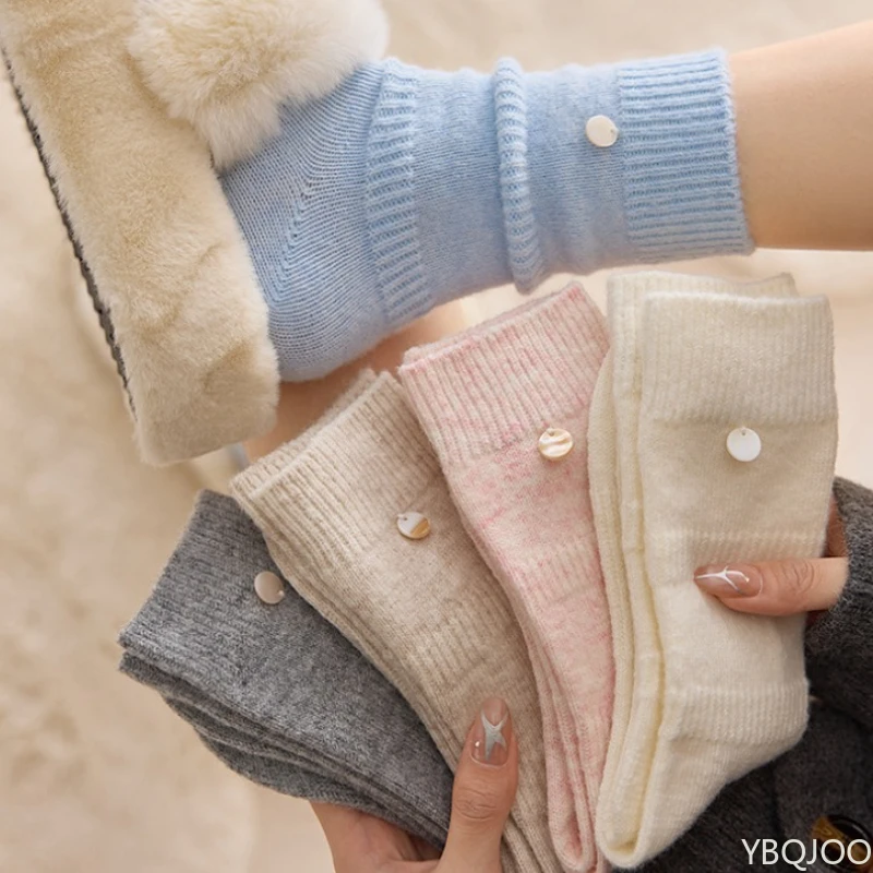 

6 Pairs of Autumn and Winter Mid Tube Solid Color Button Accessories Home Casual Women's Socks Warm Winter Long Tube Warm Socks