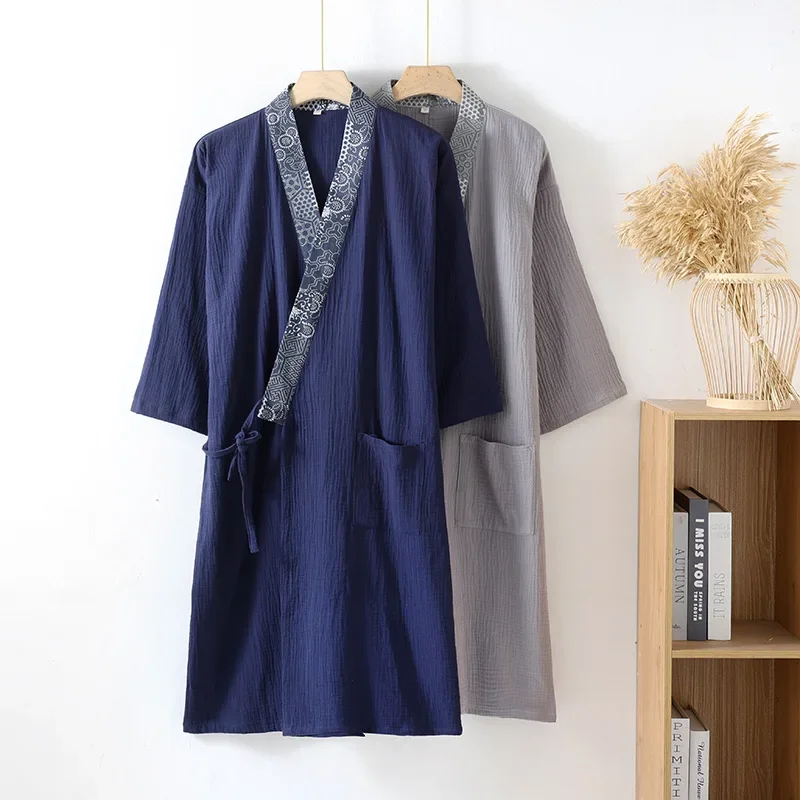 Men's Kimono Pajamas Robes with Pocket Thin Cotton Bathrobe Cardigan Sweat Steamed Bathrobes Spring Summer Large Size