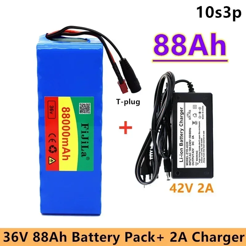 new 10s3p 36V 88Ah lithium battery 500W high-power 88000mAh battery charger BMS+42V2A charger