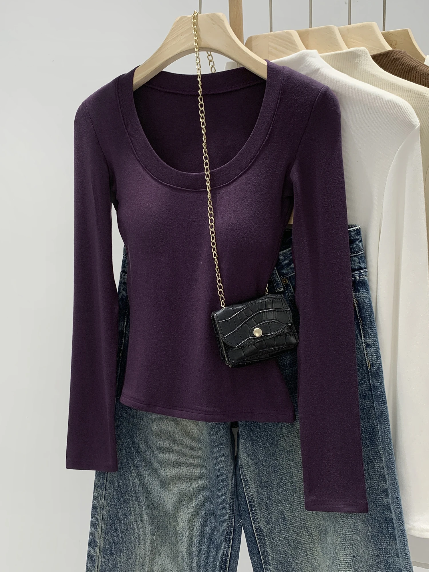 Gray Integrated U-Neck Long Sleeve Women's T-Shirt Base Shirt Inner Wear High-End Feeling Can Be Worn outside Base Top