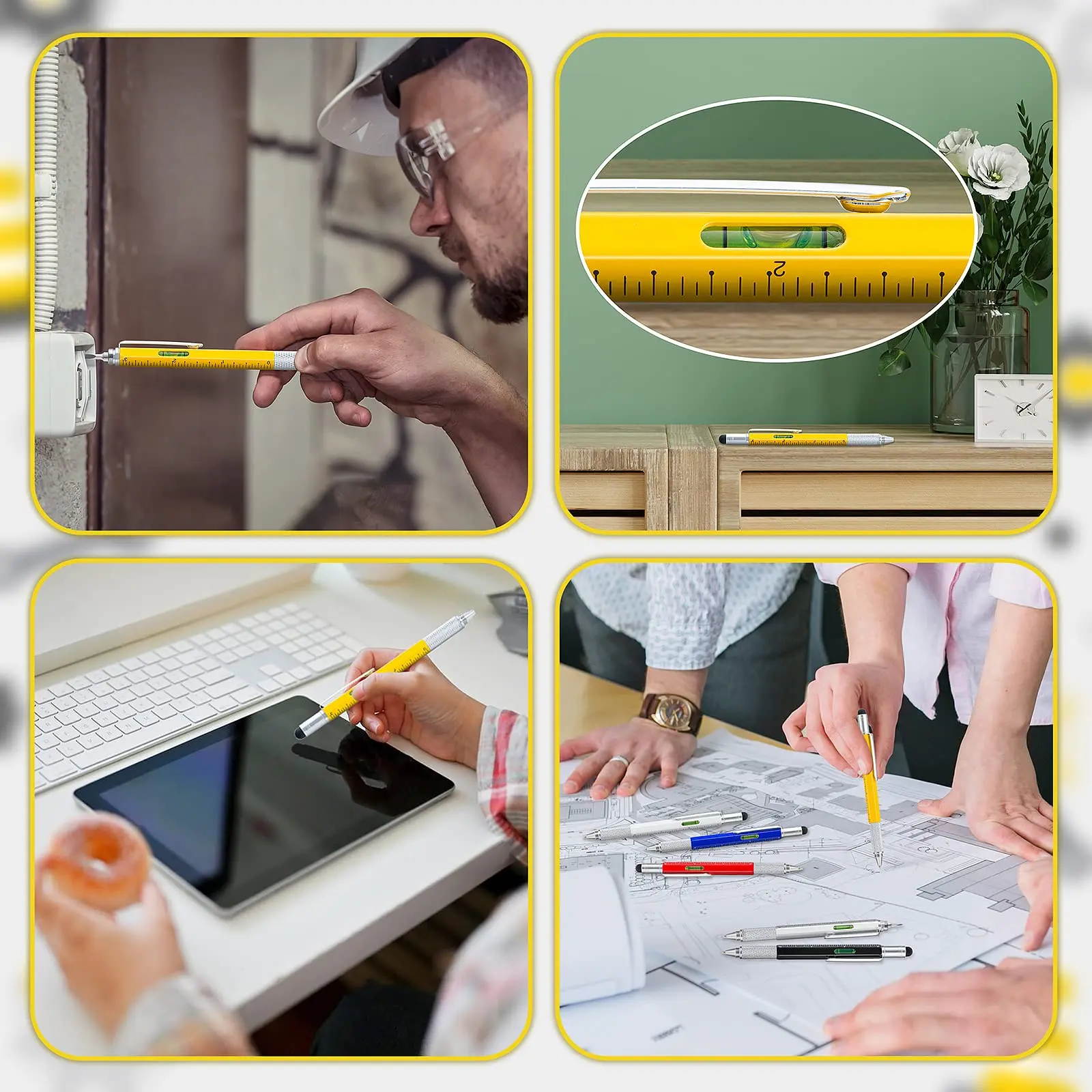 Monking 7 in 1 Multifunctional Pen Touch Screen Stylus Capacitive Pen with Screwdriver Ruler Levelgauge Ballpoint Pencil Tool