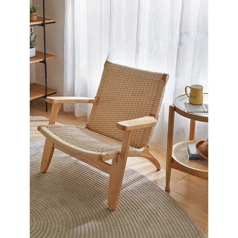 Japanese-style solid wood balcony reading leisure chair reading single person sofa living room chair rope weaving lazy home