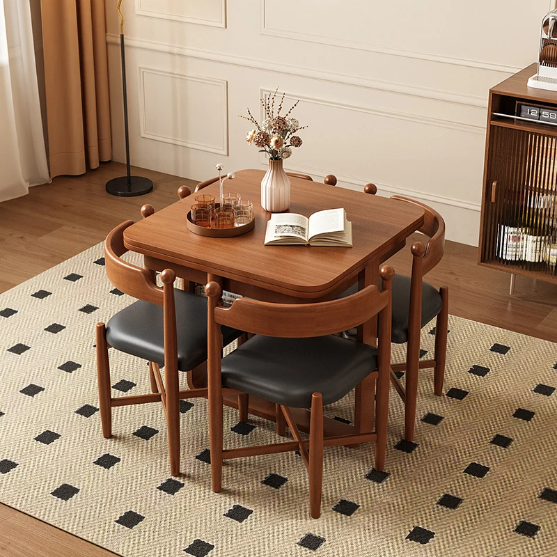 Solid wood folding dining table household French retro retractable storage dining table and chair combination small apartment