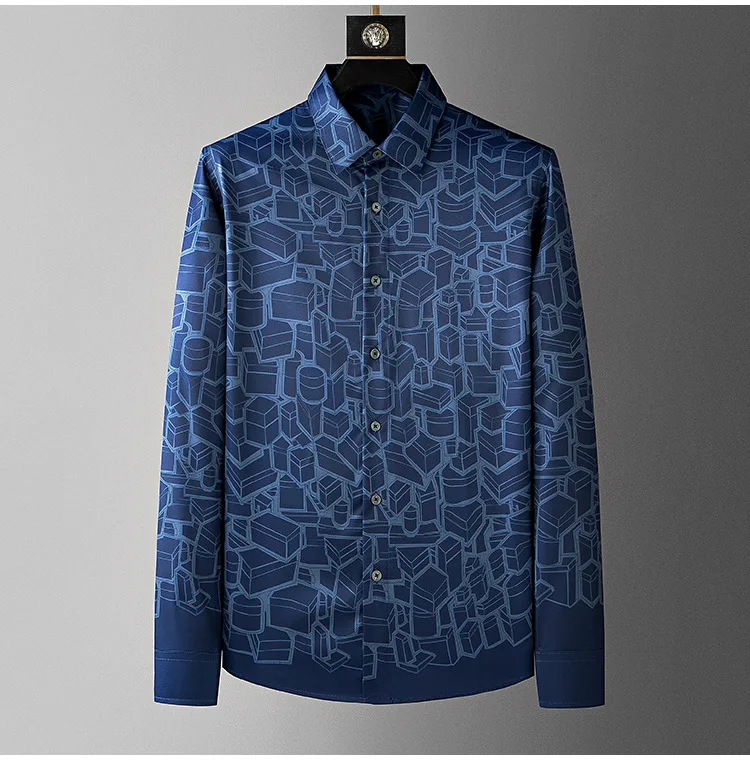 High End Silk Geometric Printed Men\'s Shirt Non Ironing Long Sleeved Casual Business Dress Shirt Social Banquet Streetwear Tops