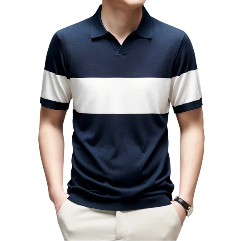 Men\'s Fashion Color-block Polo Shirt, Daily Business Casual Top, Striped Short-sleeve T-shirt 2024 New V-neck Knit Summer.3XL-M