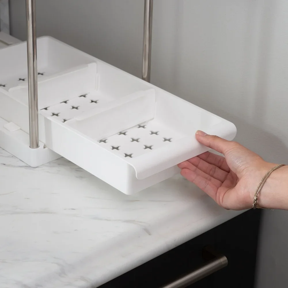 

Многофункциональная двухъярусная полка для хранения с выдвижным ящиком и крючками для вешалок. Эффективная организация кухни.