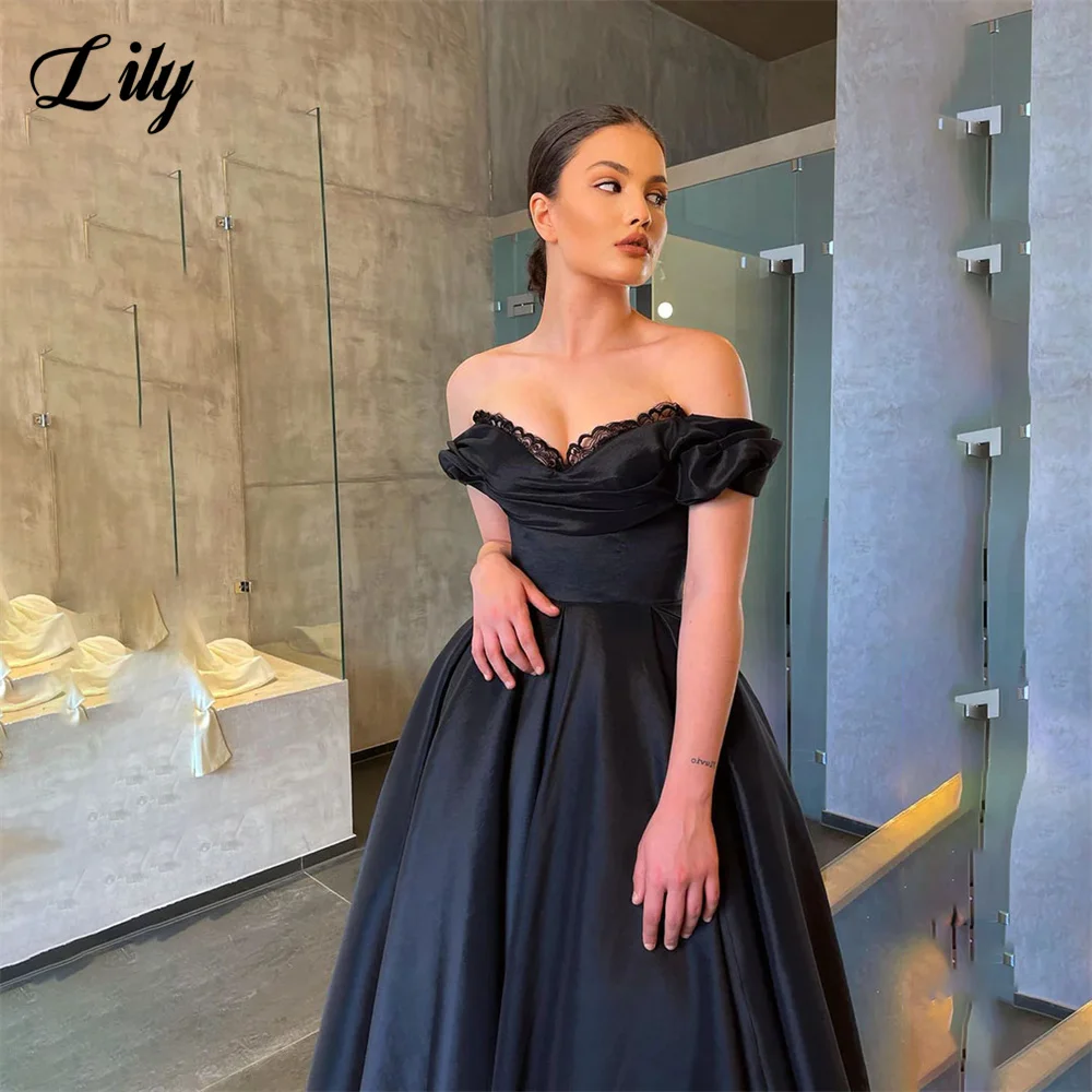 Lily Stain Beach Evening Dresses Black Pleat Off the Shoulder Prom Dresses Sweetheart Lace Custom Size платье на выпускной