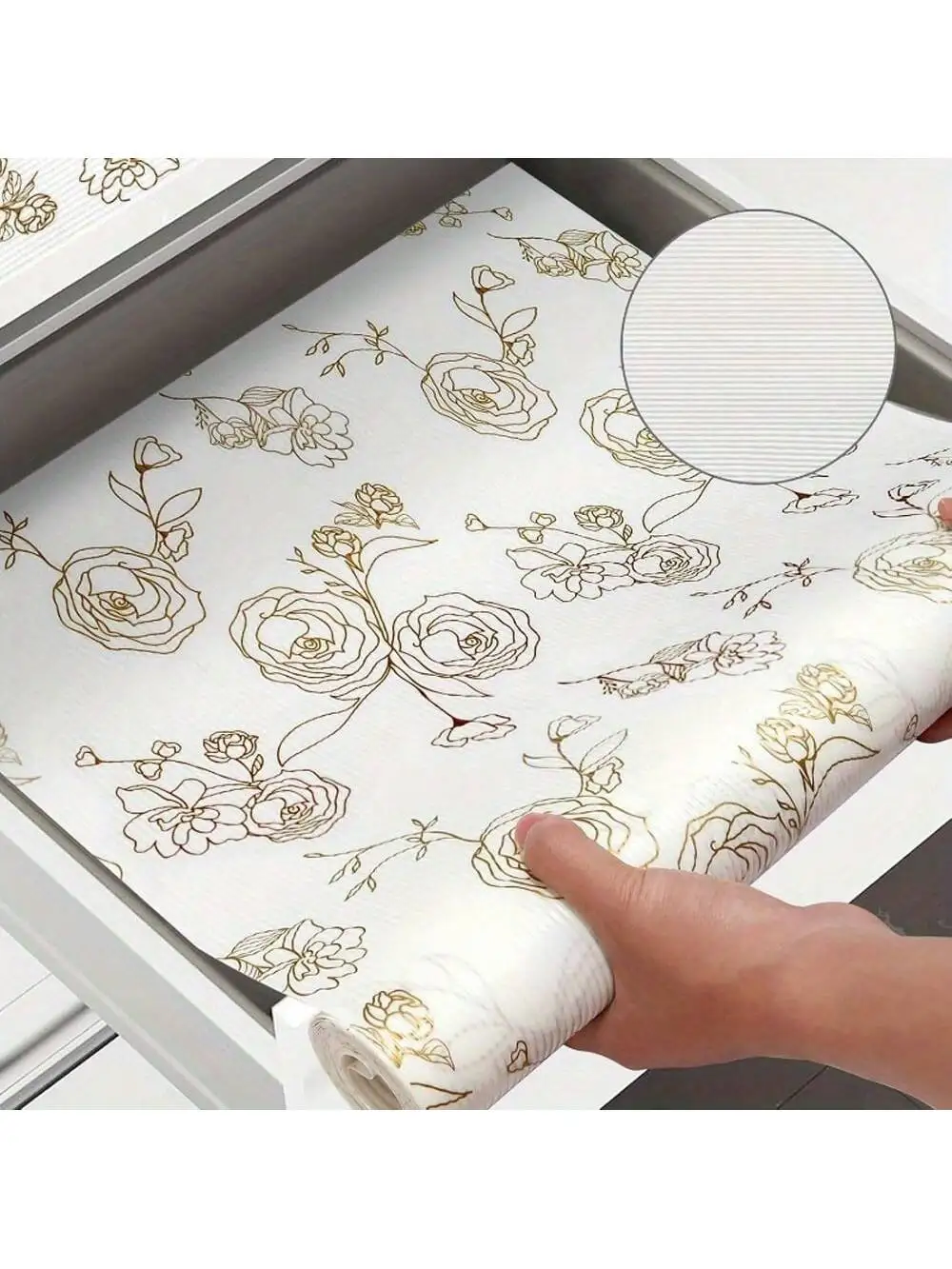 Gold Rose Print Non-Adhesive Drawer Liner: Made Of EVA Material, Removable Kitchen Cabinet Drawer Mat