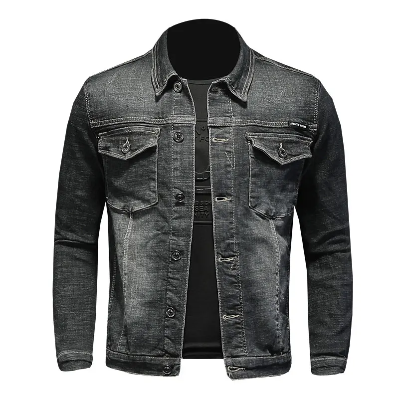 

Men Denim Jacket Jeans Coat Cotton Elasticity Turndown Collar Long Sleeve Single Breasted Slim Clothes Bomber Cowboy Male