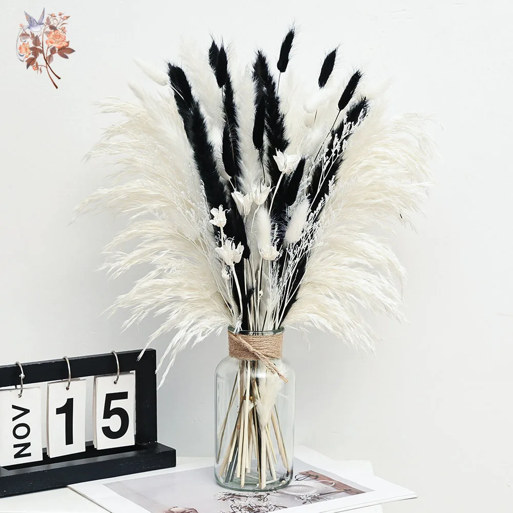 

Black Pampas White Reeds Grass Dried Flower Bouquet Festival Aesthetic Home Living Room Decor Nature Plants for Wedding Supplies