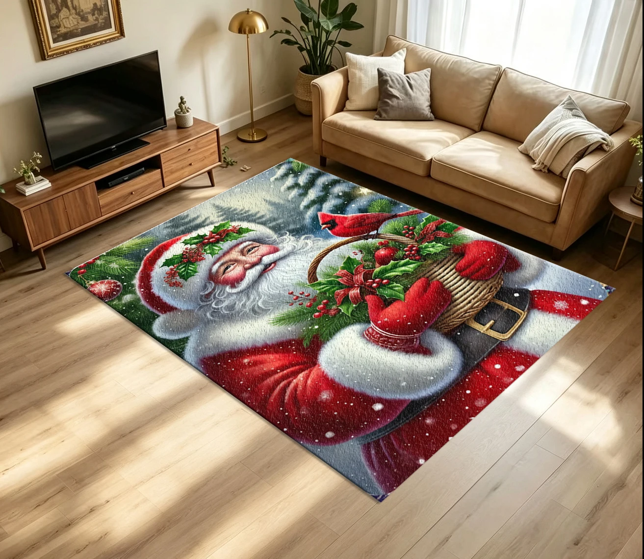 Festive Santa Claus Red Cardinal Bird Christmas Carpet Non-Slip Washable Floor Rug Suitable for Holiday Winter Home Decoration