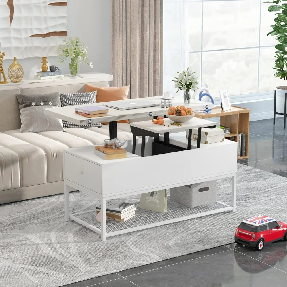 

Lift Top Coffee Table, Coffee Tables with 2 Storage Drawer and Hidden Compartment for Living Room (Faux Marble White)