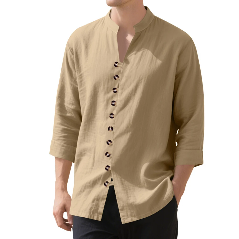 Camisa de manga larga de lino y algodón para hombre, Top informal con botones de Color sólido, camisa cómoda y ligera transpirable, camisas con cuello Henly