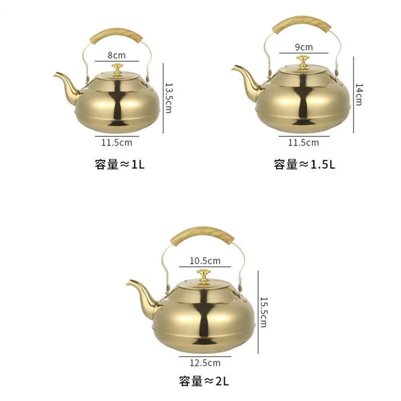 1L/1.5L/2L Gold Kettle Stainless Steel Household Water Kettle Stovetop Boiler Gas Induction Cooker Tea Pot Camping Home Kettle