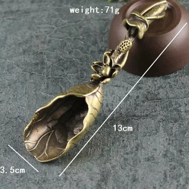13cm Solid Brass Lotus Leaf Tea Spoon Carved Flower Handle Tea Ceremony Tabletop Decor Ornament Tea Ceremony Utensil & Decor